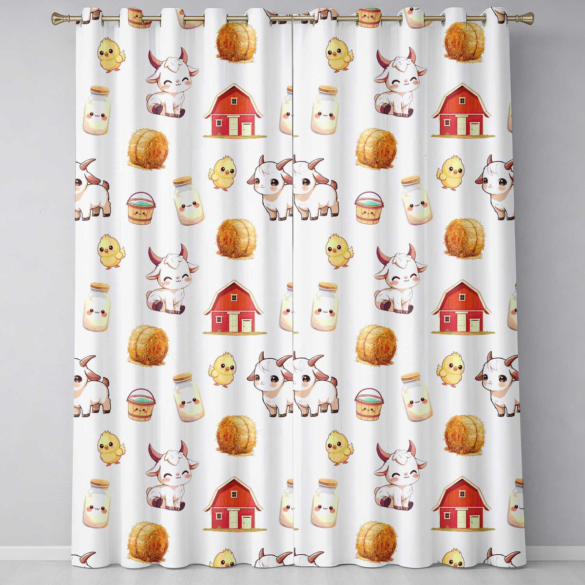 Cute Farm Goat Barn Hay Bale Chick Milk Bucket Grey Background Seamless Pattern Readymade Eyelet Ring Top Thermal 100% Blackout Curtains
