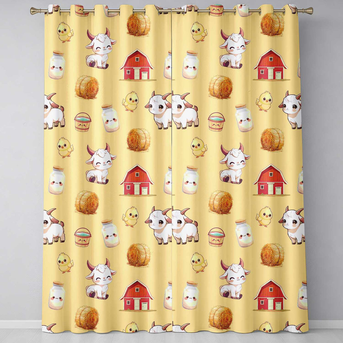 Cute Farm Goat Barn Hay Bale Chick Milk Bucket Yellow Background Pattern Readymade Eyelet Ring Top Thermal 100% Blackout Curtains