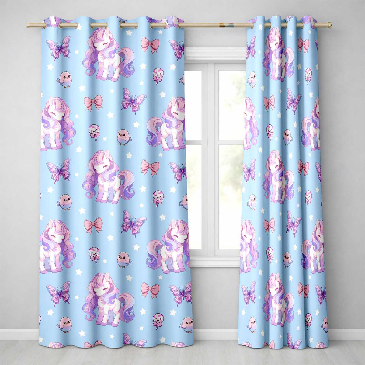 Cute Pastel Unicorn Butterfly Candy Stars Blue Background Seamless Pattern Readymade Eyelet Ring Top Thermal 100% Blackout Curtains