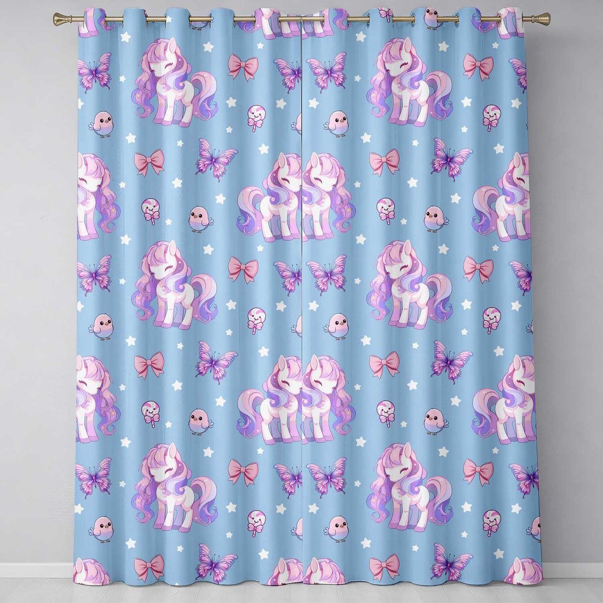 Cute Pastel Unicorn Butterfly Candy Stars Blue Background Seamless Pattern Readymade Eyelet Ring Top Thermal 100% Blackout Curtains