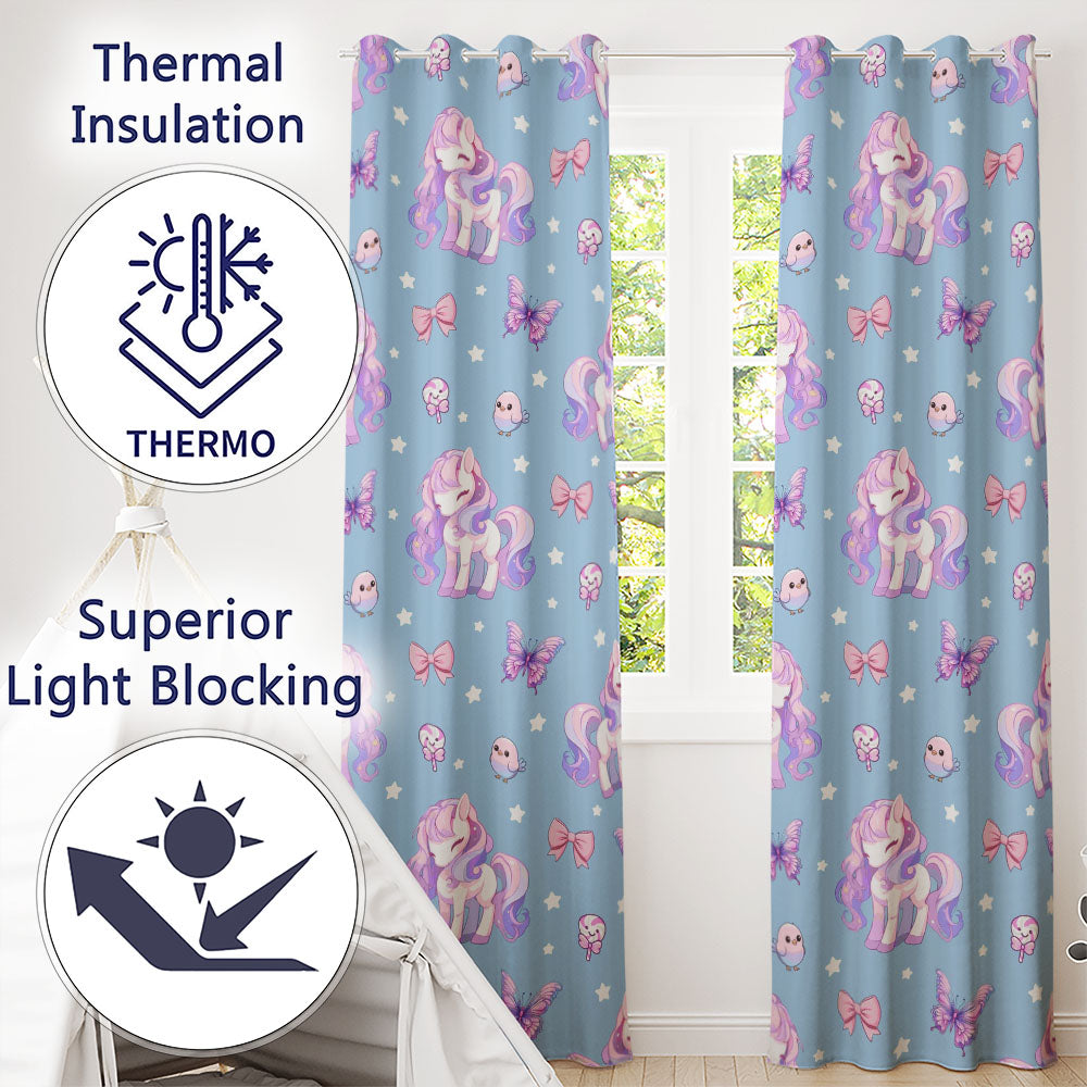 Cute Pastel Unicorn Butterfly Candy Stars Blue Background Seamless Pattern Readymade Eyelet Ring Top Thermal 100% Blackout Curtains