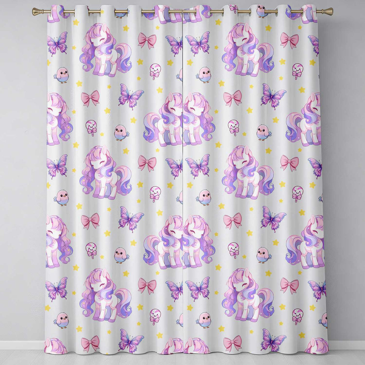 Cute Pastel Unicorn Butterfly Candy Stars Cream Background Seamless Pattern Readymade Eyelet Ring Top Thermal 100% Blackout Curtains