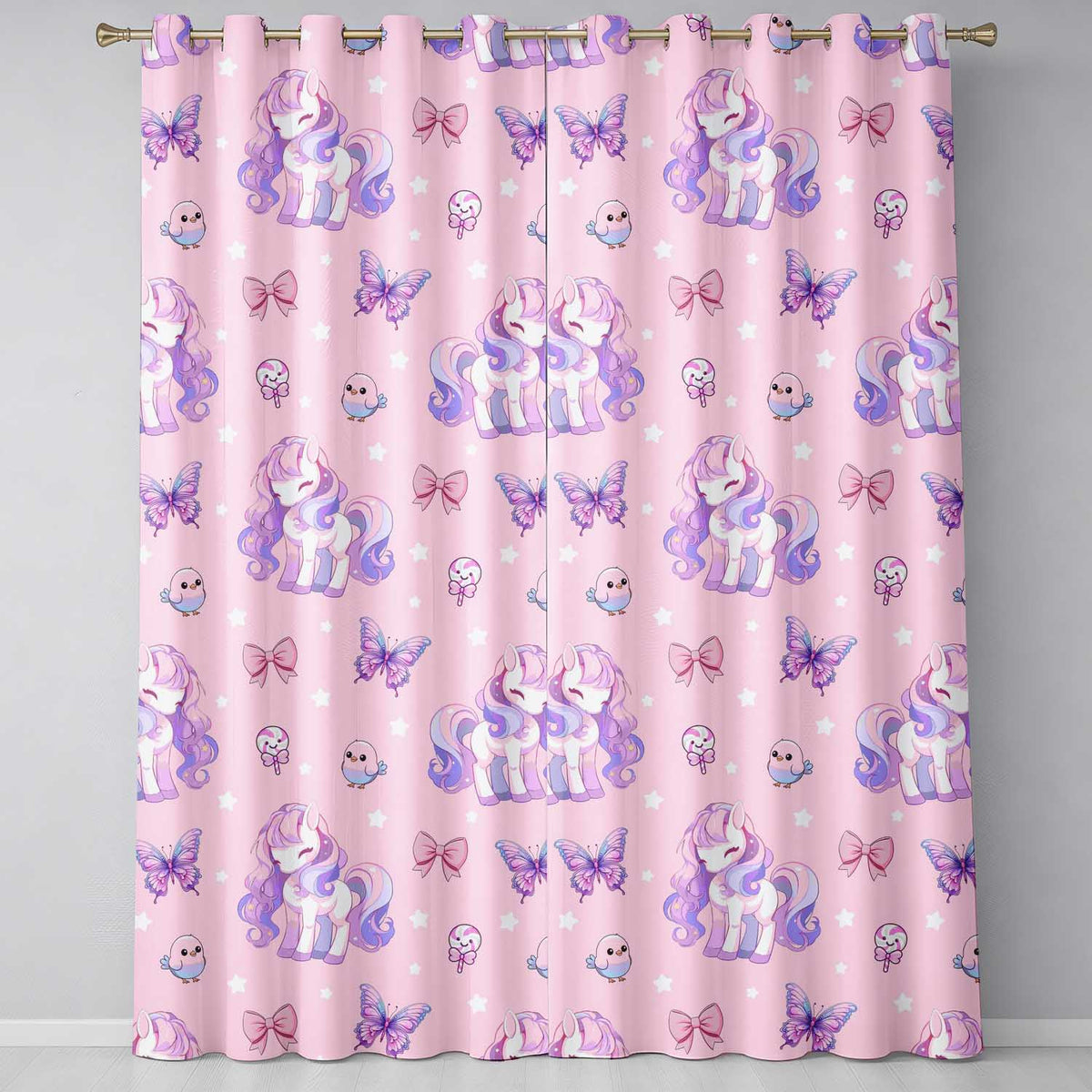 Cute Pastel Unicorn Butterfly Candy Stars Blush Background Seamless Pattern Readymade Eyelet Ring Top Thermal 100% Blackout Curtains