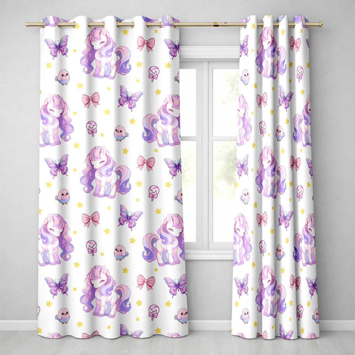 Cute Pastel Unicorn Butterfly Candy Stars Light Grey Background Pattern Readymade Eyelet Ring Top Thermal 100% Blackout Curtains