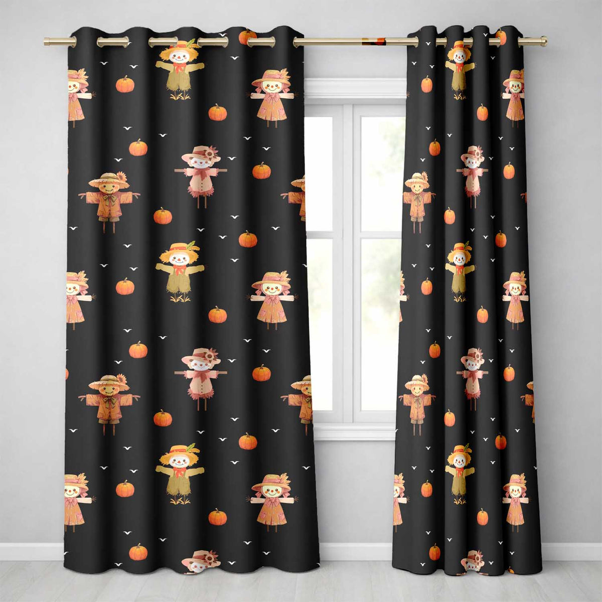 Cute Autumn Scarecrow Pumpkin Birds Seamless Pattern Black Background Readymade Eyelet Ring Top Thermal 100% Blackout Curtains