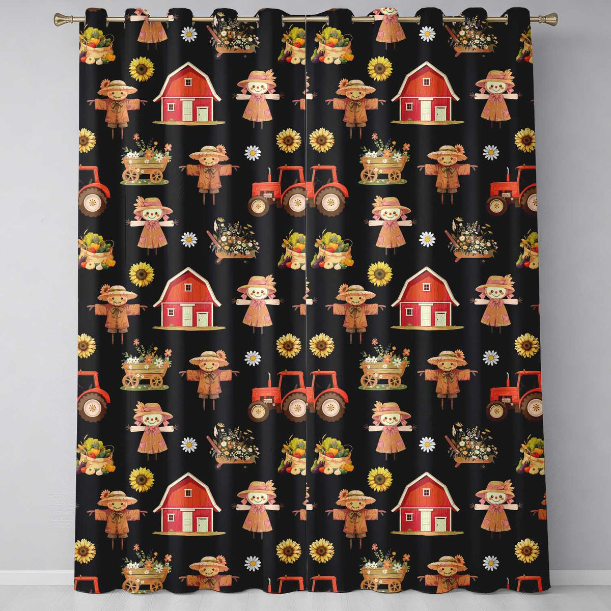 Cute Autumn Farm Scarecrow Barn Flowers Seamless Pattern Black Background Readymade Eyelet Ring Top Thermal 100% Blackout Curtains