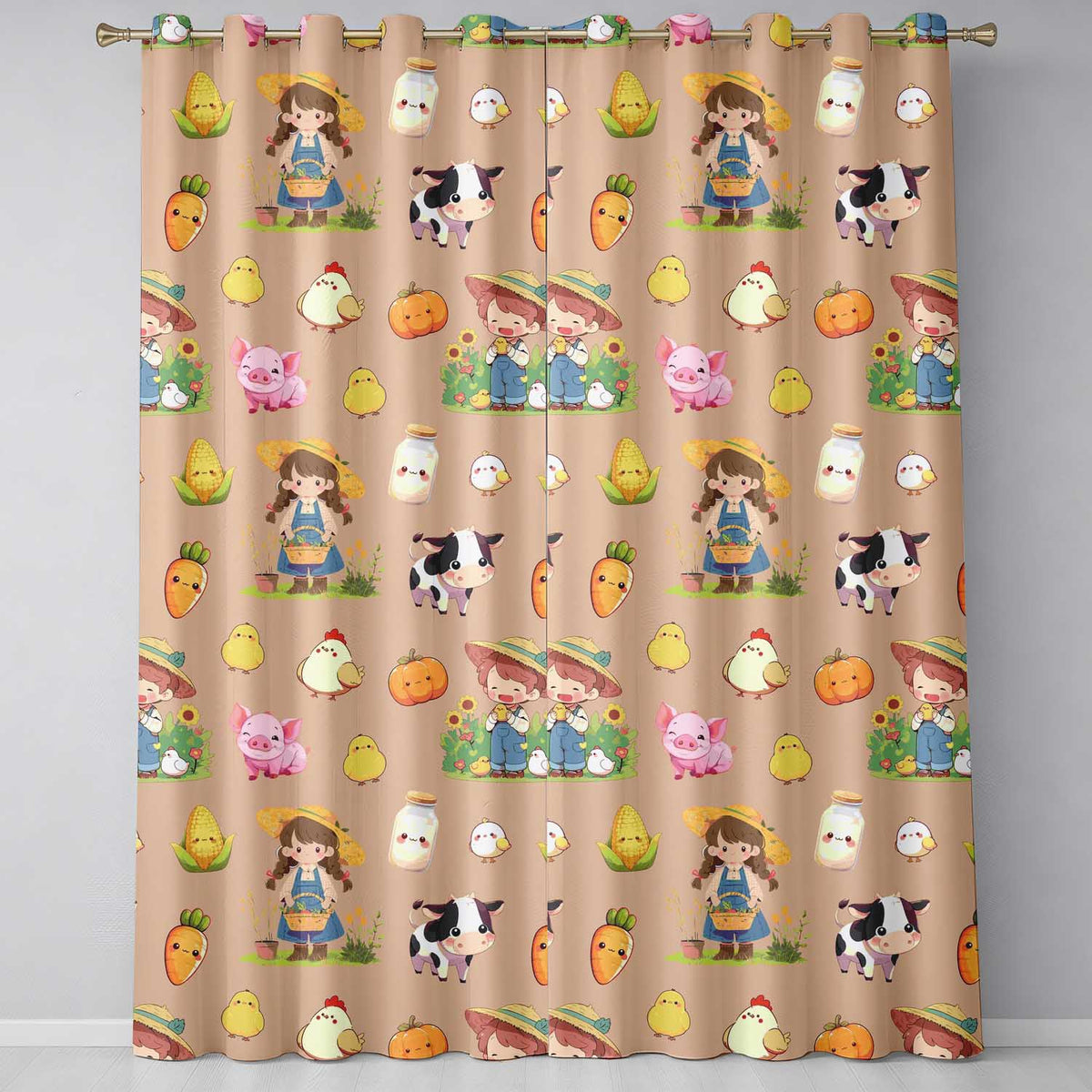 Cute Farm Girl Animals Harvest Seamless Pattern Peach Background Readymade Eyelet Ring Top Thermal 100% Blackout Curtains
