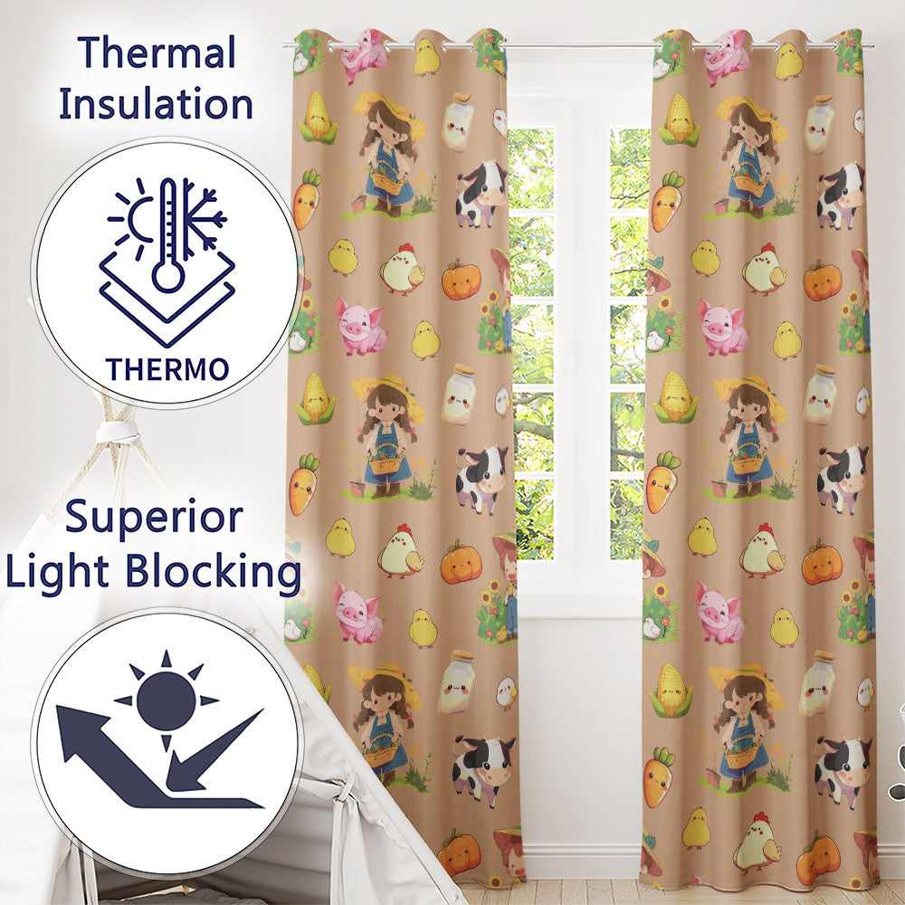 Cute Farm Girl Animals Harvest Seamless Pattern Peach Background Readymade Eyelet Ring Top Thermal 100% Blackout Curtains