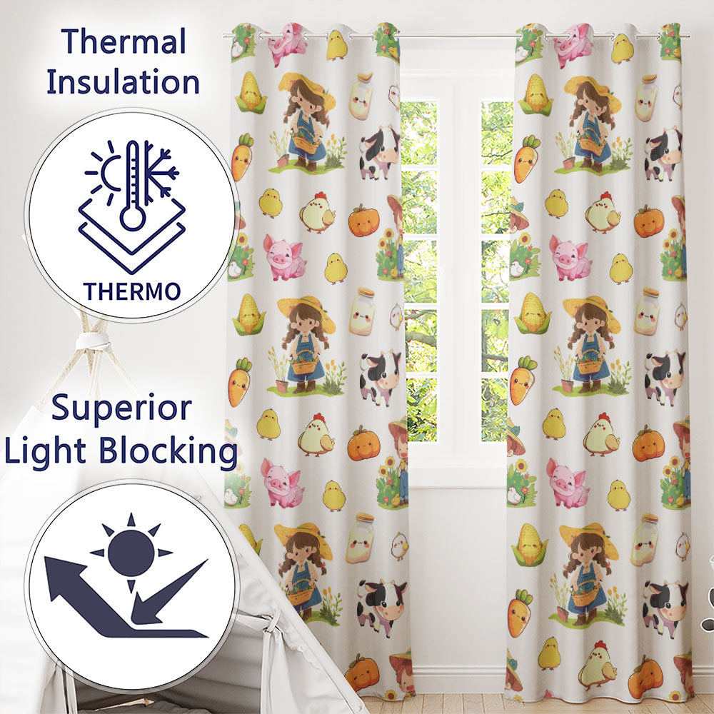 Cute Farm Girl Animals Harvest Seamless Pattern Cream Background Readymade Eyelet Ring Top Thermal 100% Blackout Curtains