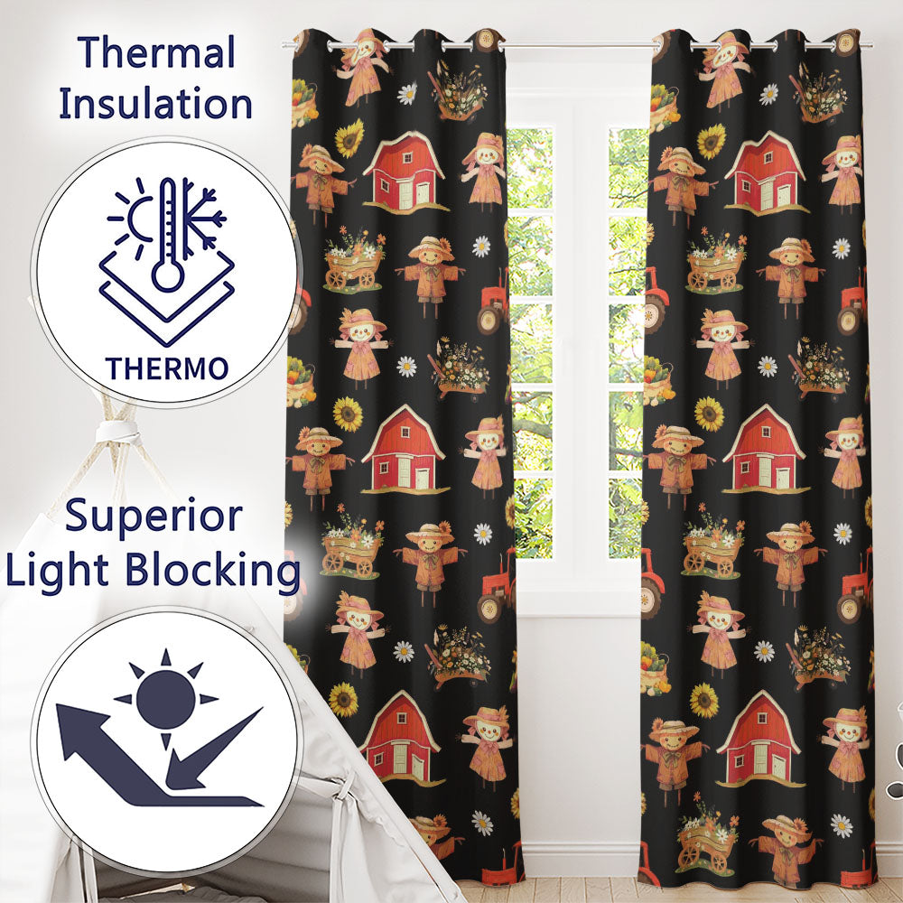 Cute Autumn Scarecrow Barn Flowers Seamless Pattern Black Background Readymade Eyelet Ring Top Thermal 100% Blackout Curtains