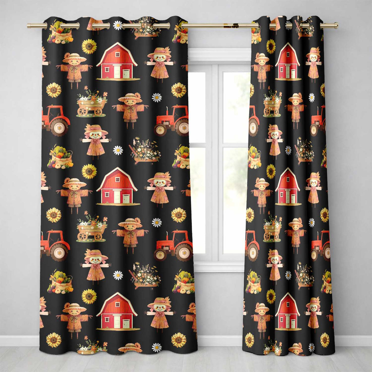 Cute Autumn Scarecrow Barn Flowers Seamless Pattern Black Background Readymade Eyelet Ring Top Thermal 100% Blackout Curtains