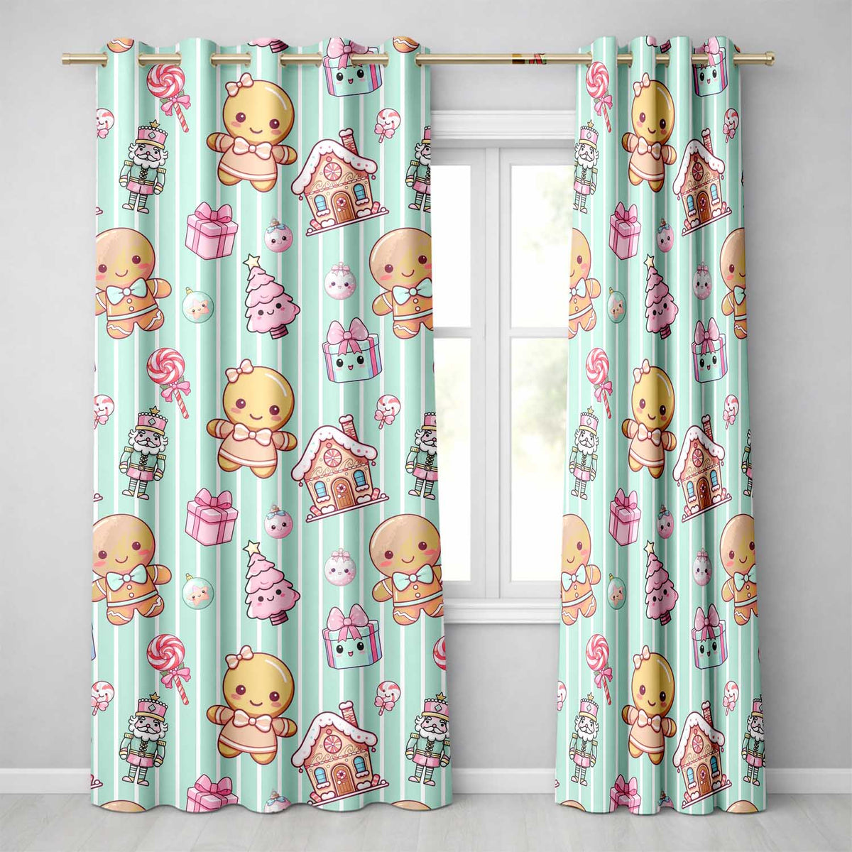 Cute Christmas Gingerbread Candy House Gifts Pattern Teal Stripe Background Readymade Eyelet Ring Top Thermal 100% Blackout Curtains