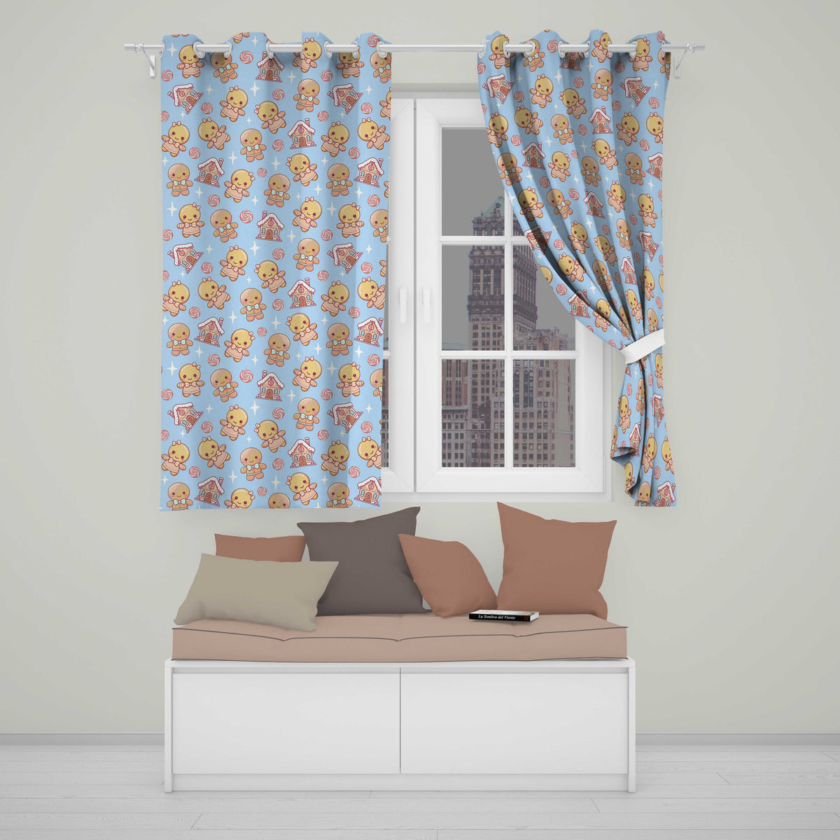 Cute Christmas Gingerbread Candy House Gifts Seamless Pattern Blue Background Readymade Eyelet Ring Top Thermal 100% Blackout Curtains