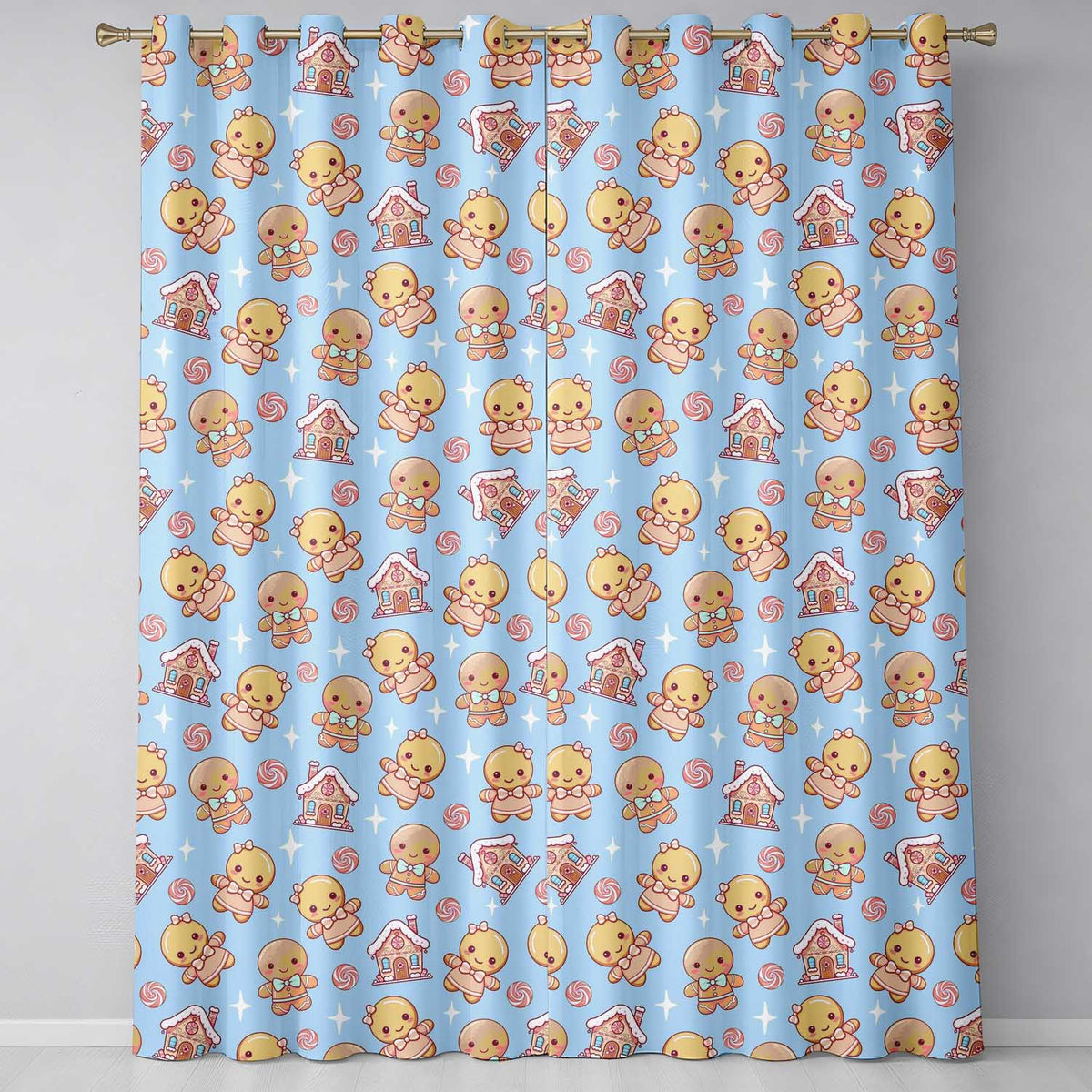 Cute Christmas Gingerbread Candy House Gifts Seamless Pattern Blue Background Readymade Eyelet Ring Top Thermal 100% Blackout Curtains
