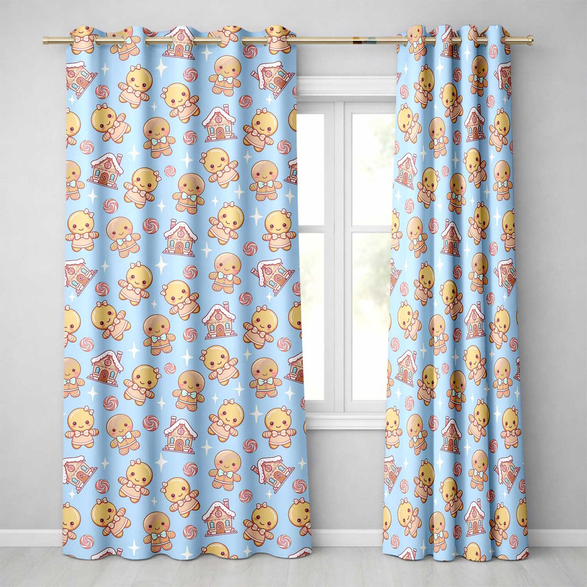 Cute Christmas Gingerbread Candy House Gifts Seamless Pattern Blue Background Readymade Eyelet Ring Top Thermal 100% Blackout Curtains
