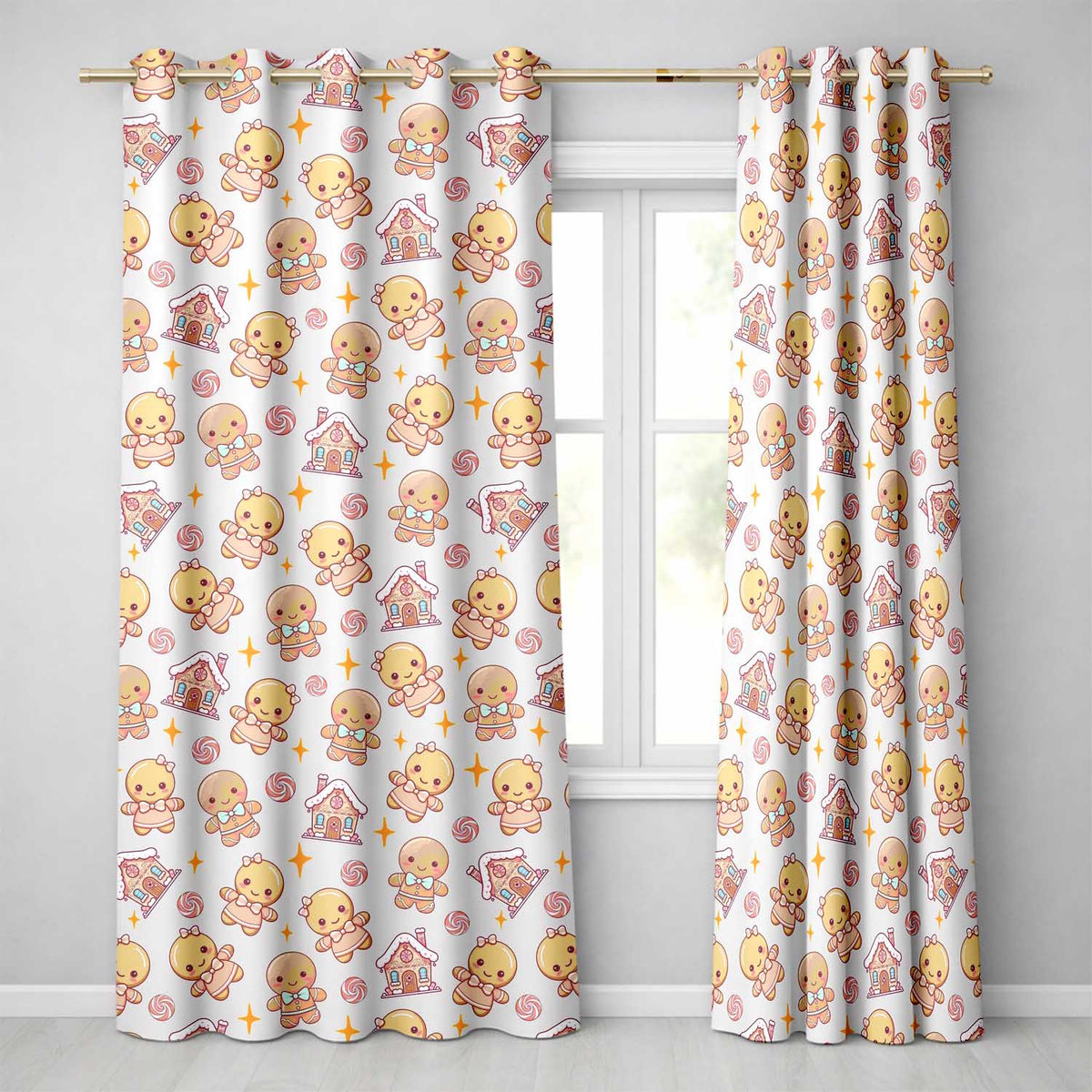 Cute Christmas Gingerbread Candy House Gifts Seamless Pattern Cream Background Readymade Eyelet Ring Top Thermal 100% Blackout Curtains