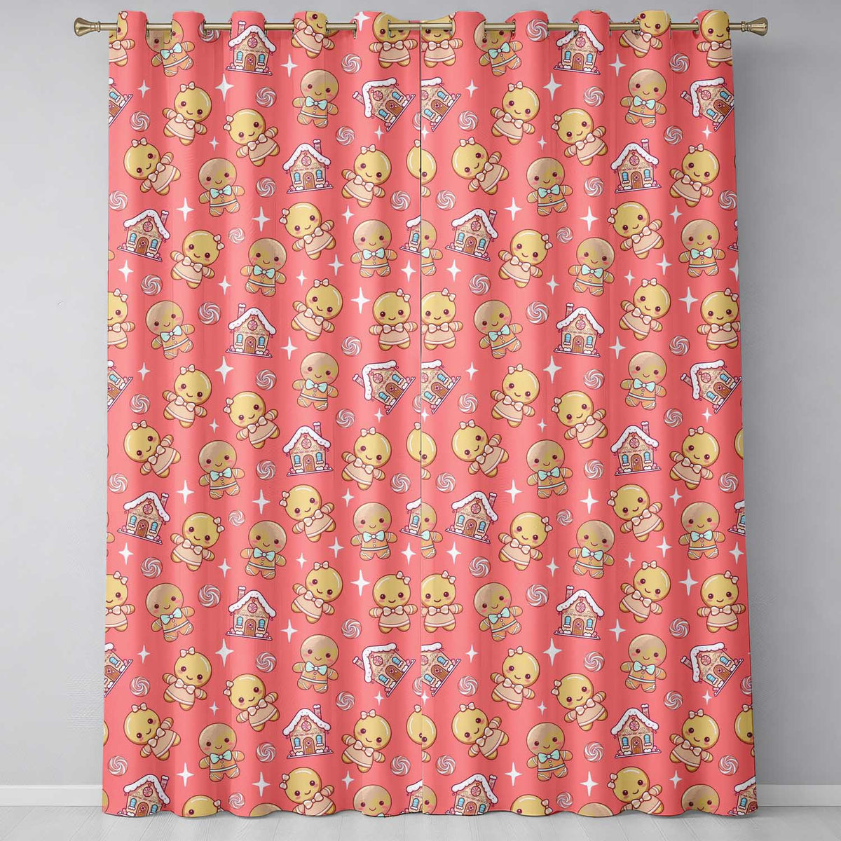 Cute Christmas Gingerbread Characters Candy House Pattern Coral Background Readymade Eyelet Ring Top Thermal 100% Blackout Curtains