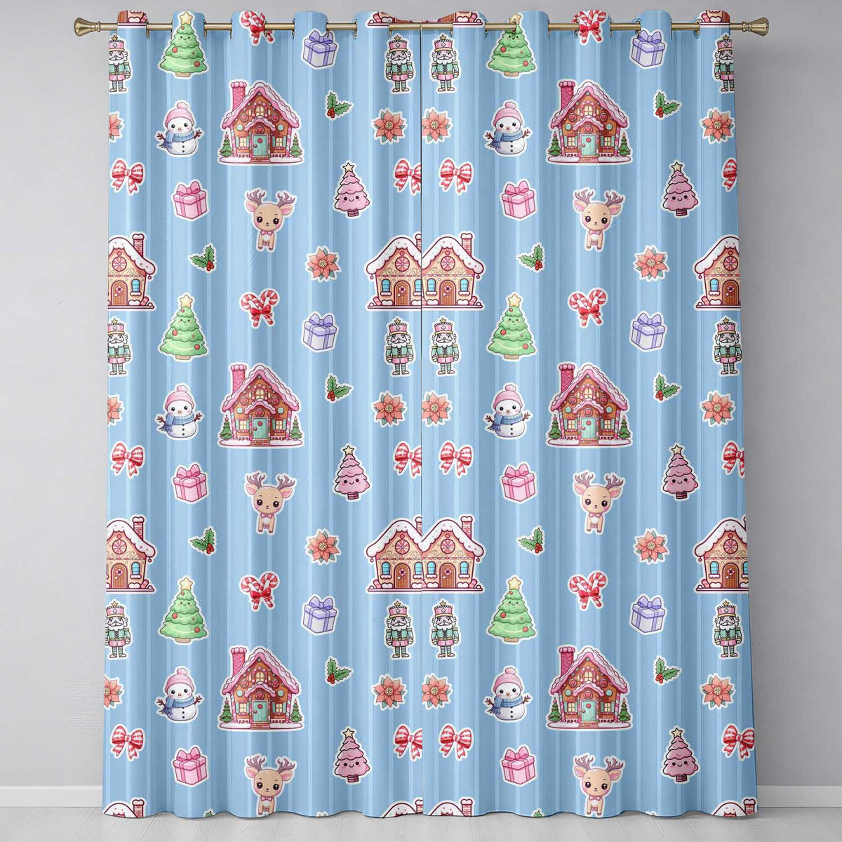 Cute Christmas Festive Stickers Gingerbread House Tree Blue Stripe Background Readymade Eyelet Ring Top Thermal 100% Blackout Curtains