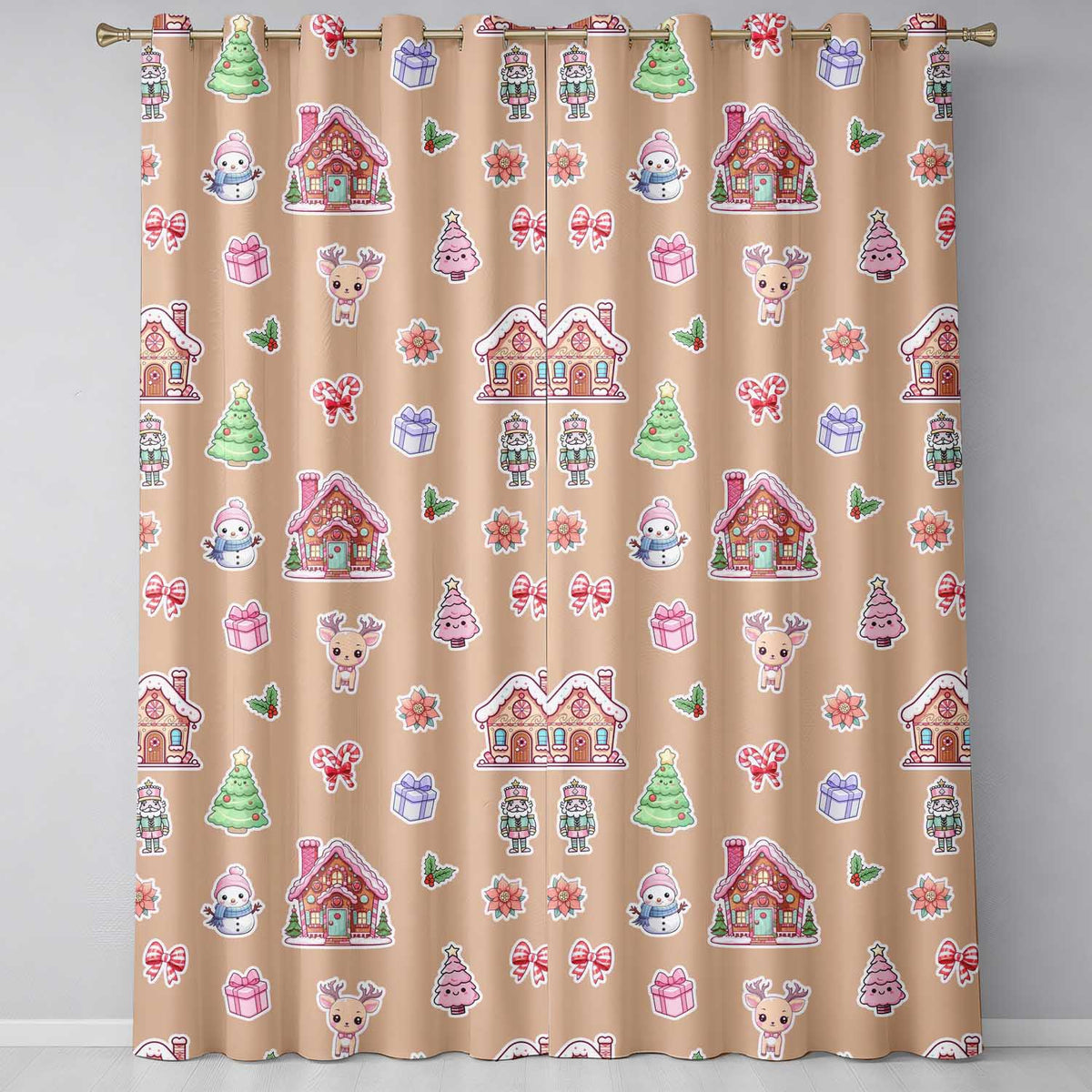 Cute Christmas Festive Stickers Gingerbread House Tree Beige Background Readymade Eyelet Ring Top Thermal 100% Blackout Curtains