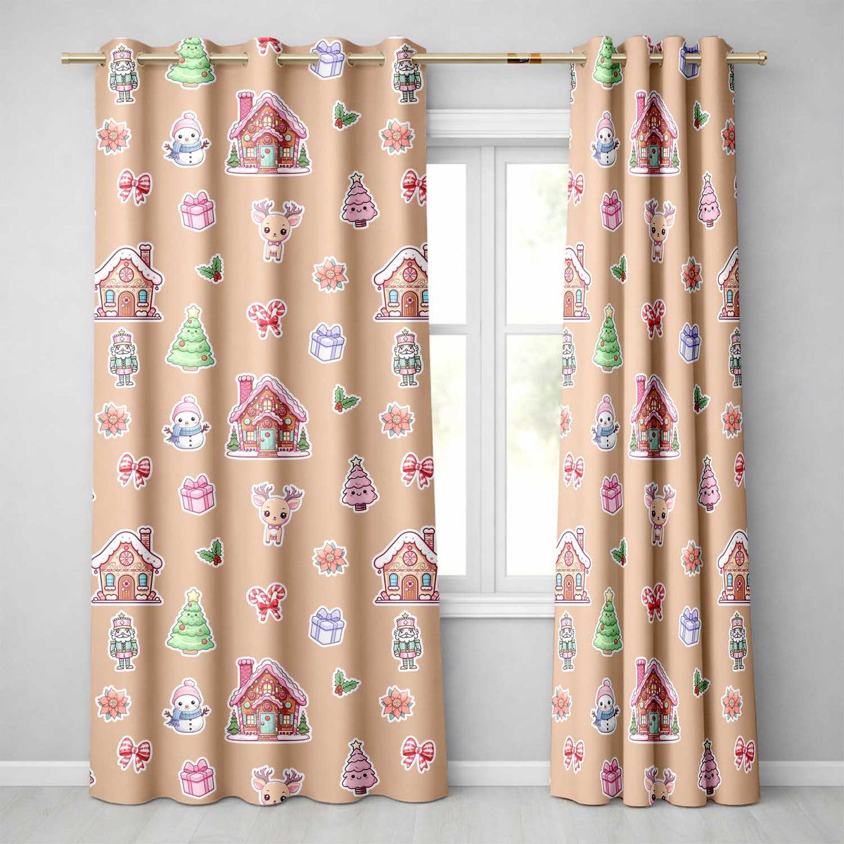 Cute Christmas Festive Stickers Gingerbread House Tree Beige Background Readymade Eyelet Ring Top Thermal 100% Blackout Curtains