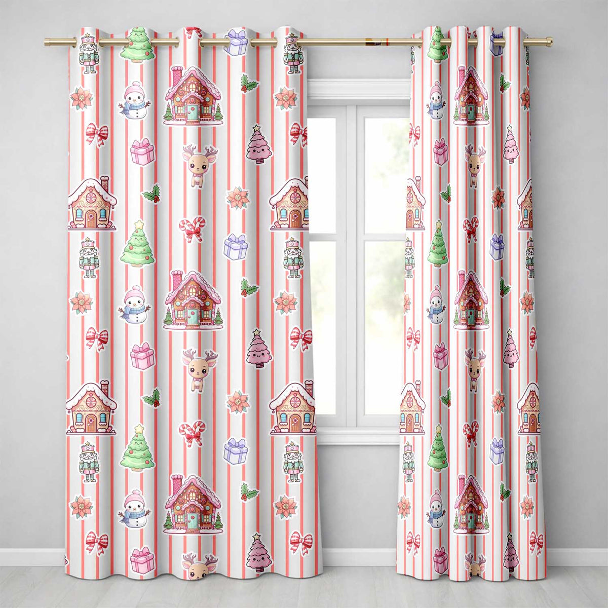 Cute Christmas Festive Stickers Gingerbread House Tree Cream Stripe Background Readymade Eyelet Ring Top Thermal 100% Blackout Curtains