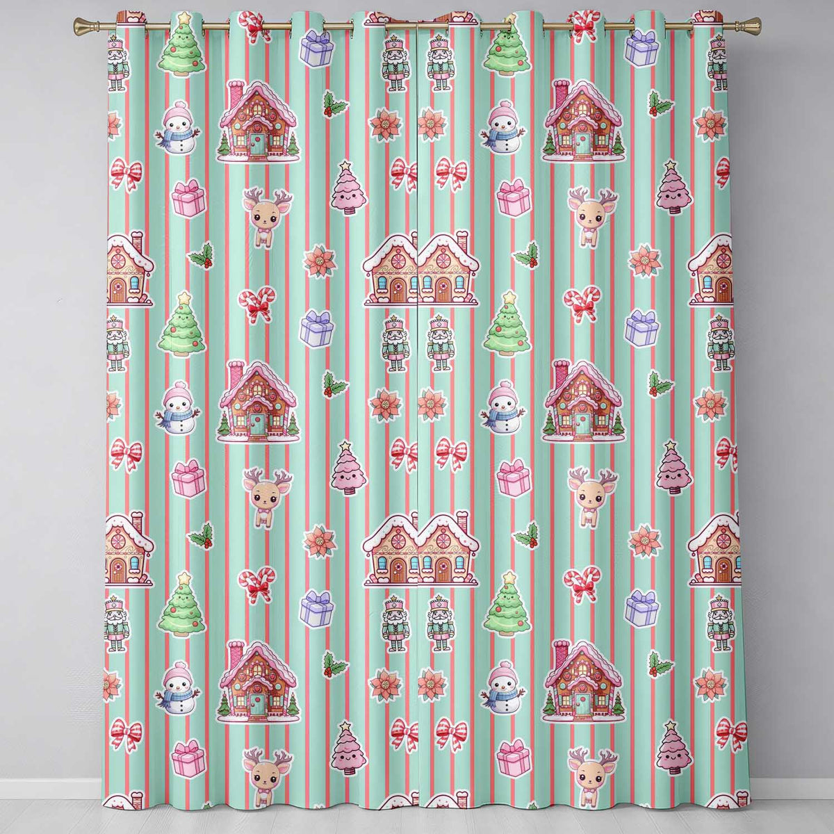 Cute Christmas Festive Stickers Gingerbread House Tree Teal Stripe Background Readymade Eyelet Ring Top Thermal 100% Blackout Curtains