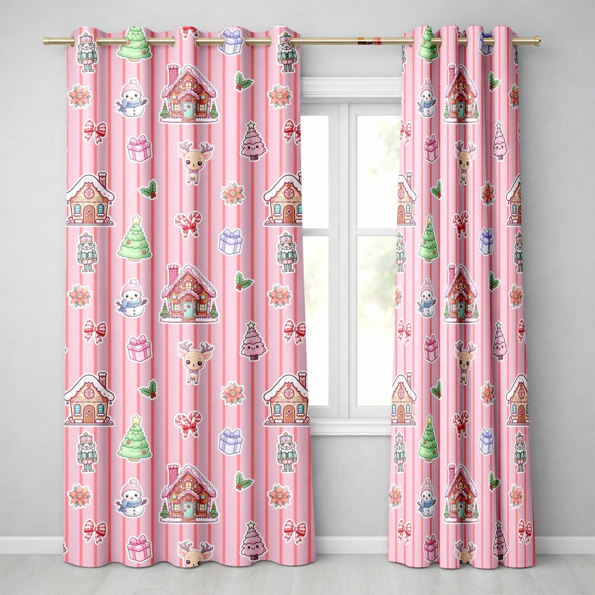 Cute Christmas Festive Stickers Gingerbread House Tree Pink Stripe Background Readymade Eyelet Ring Top Thermal 100% Blackout Curtains