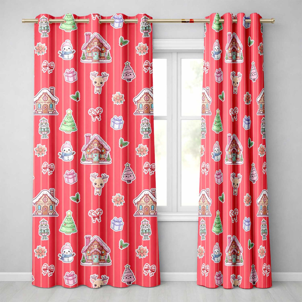 Cute Christmas Festive Stickers Gingerbread House Tree Red Stripe Background Readymade Eyelet Ring Top Thermal 100% Blackout Curtains