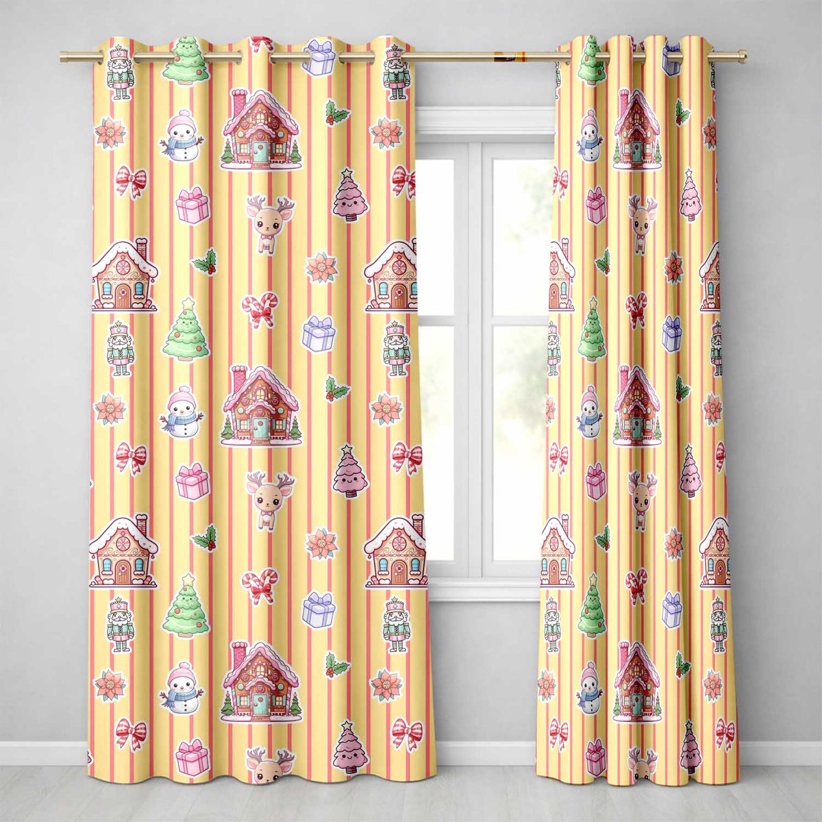 Cute Christmas Festive Stickers Gingerbread House Tree Yellow Stripe Background Readymade Eyelet Ring Top Thermal 100% Blackout Curtains