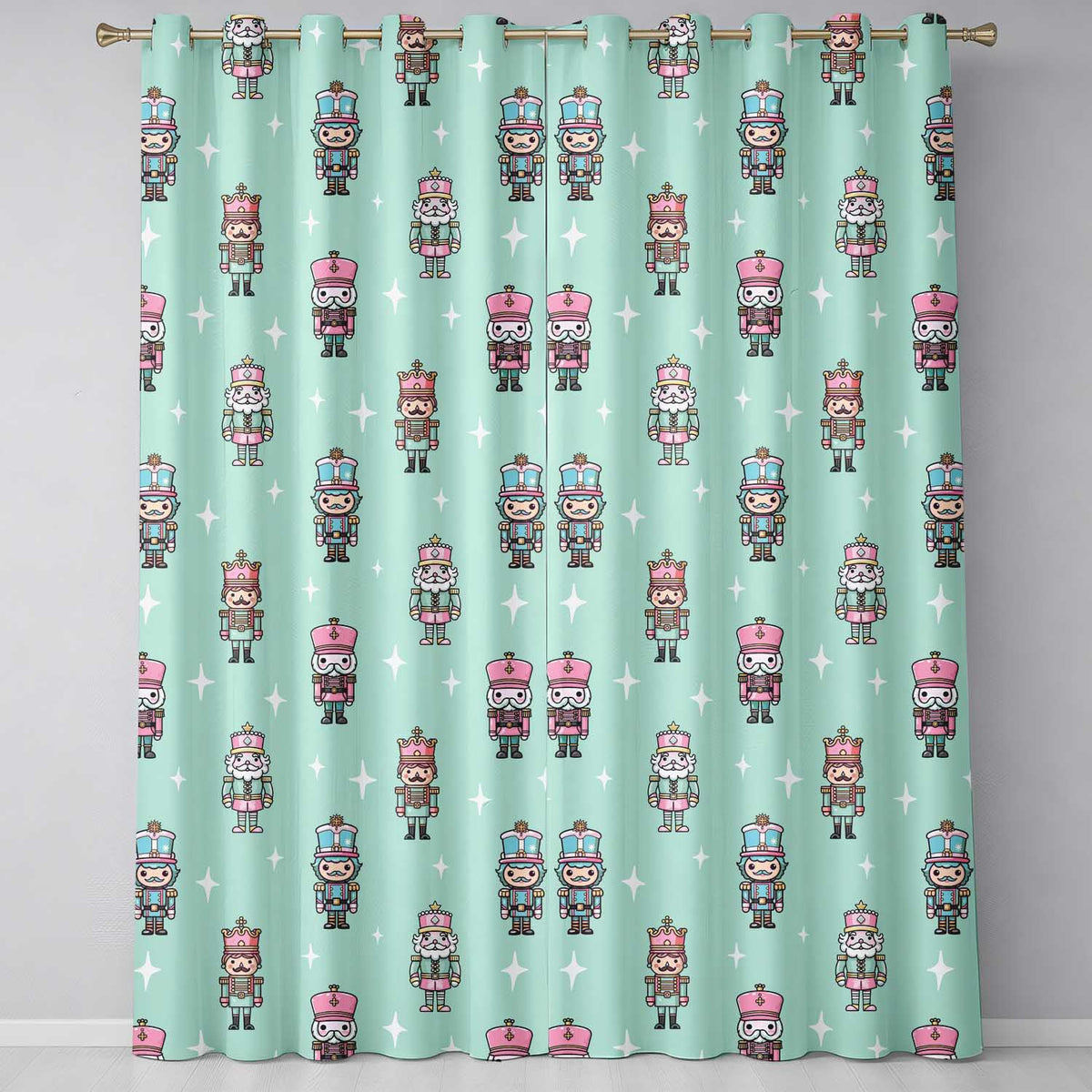 Cute Nutcracker Soldiers Christmas Toy Characters Pattern Teal Background Readymade Eyelet Ring Top Thermal 100% Blackout Curtains