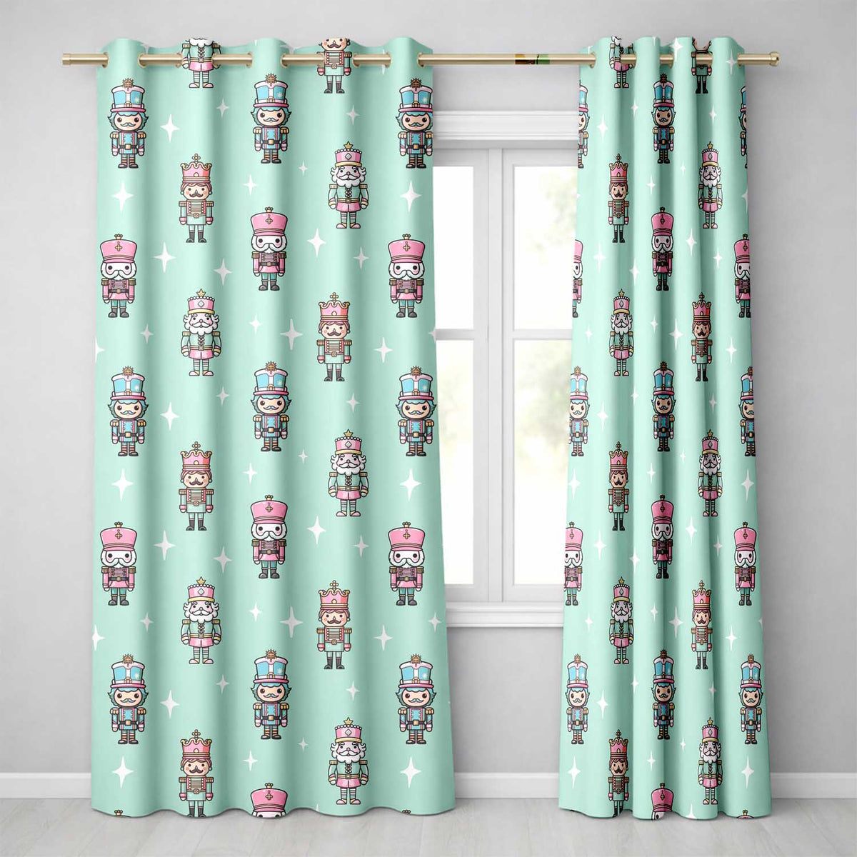 Cute Nutcracker Soldiers Christmas Toy Characters Pattern Teal Background Readymade Eyelet Ring Top Thermal 100% Blackout Curtains
