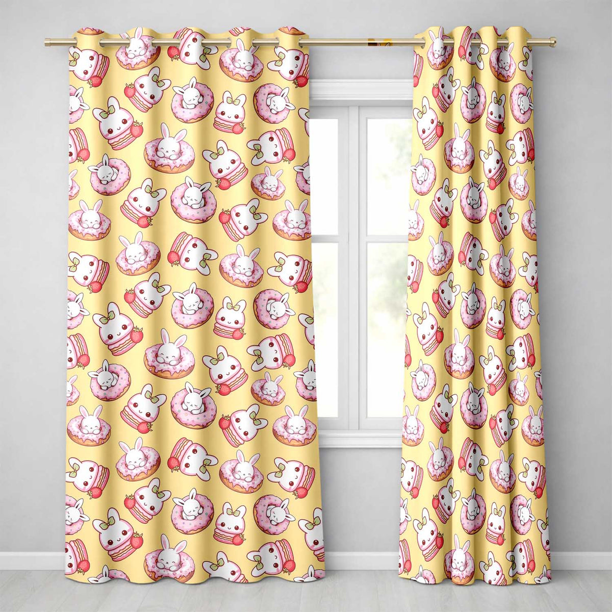 Cute Kawaii Bunny Donuts Strawberry Dessert Pattern Pastel Yellow Background Readymade Eyelet Ring Top Thermal 100% Blackout Curtains