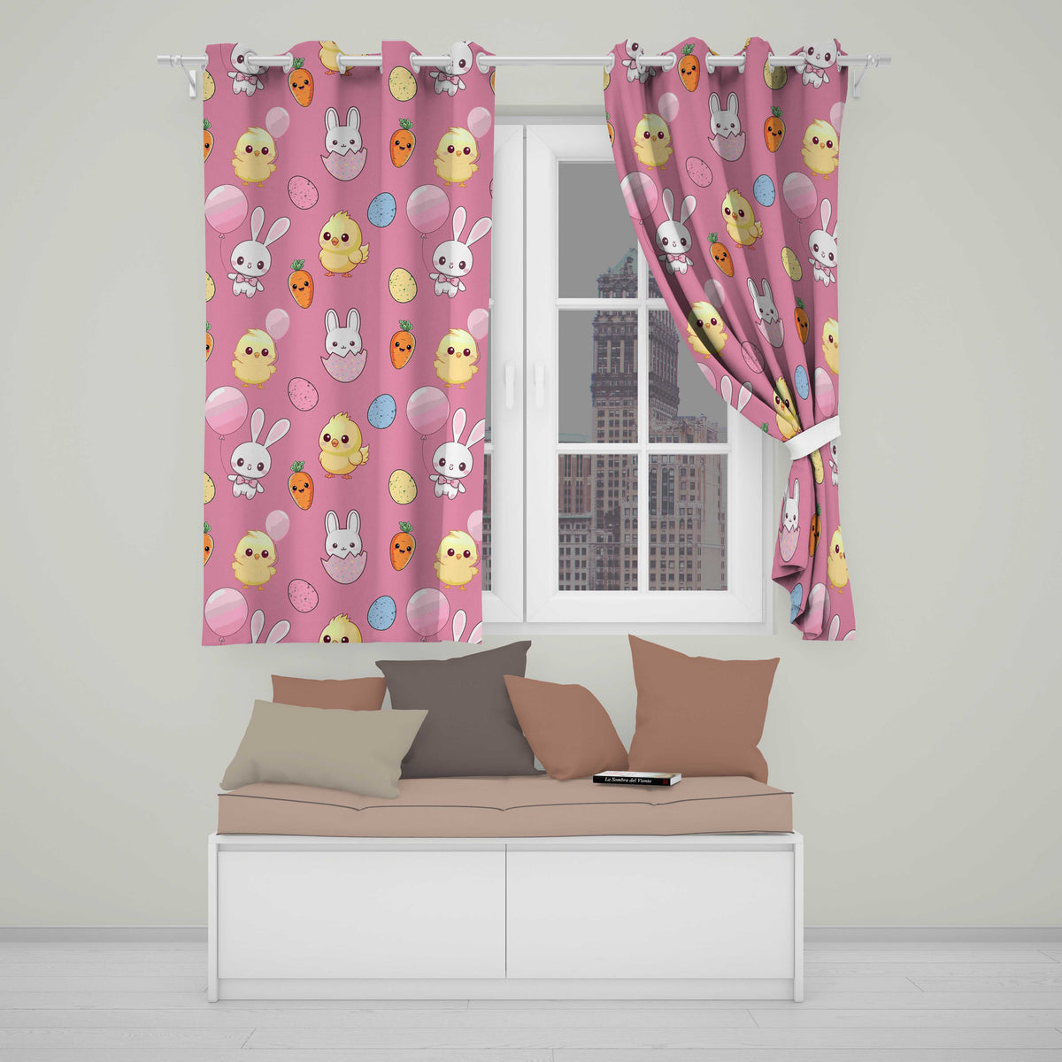 Cute Easter Bunny Chick Eggs Carrot Cute Seamless Pattern Pink Background Readymade Eyelet Ring Top Thermal 100% Blackout Curtains