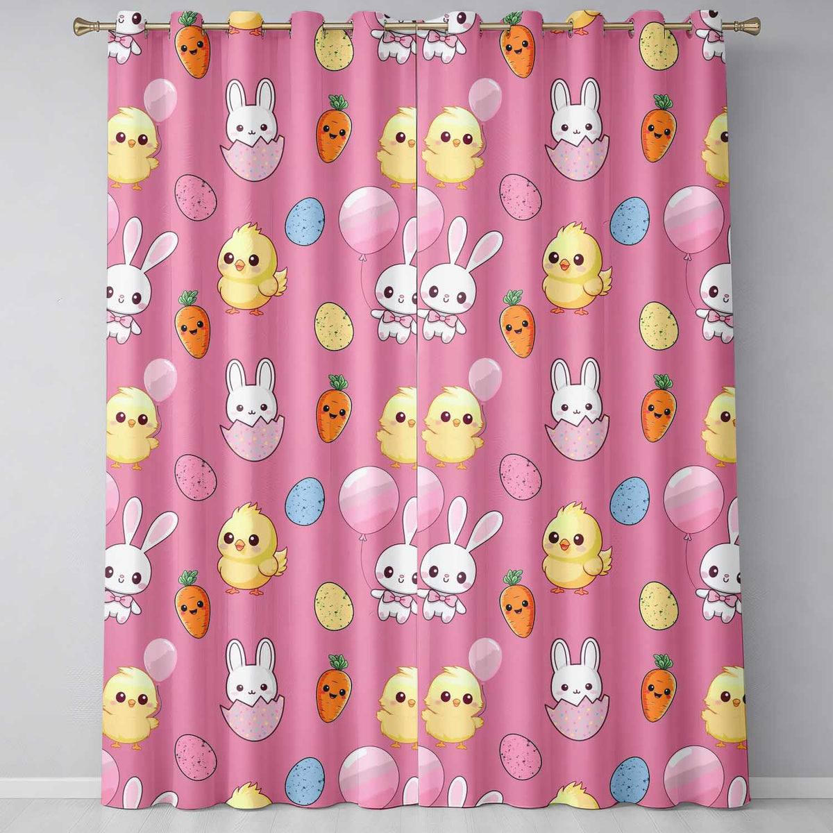 Cute Easter Bunny Chick Eggs Carrot Cute Seamless Pattern Pink Background Readymade Eyelet Ring Top Thermal 100% Blackout Curtains
