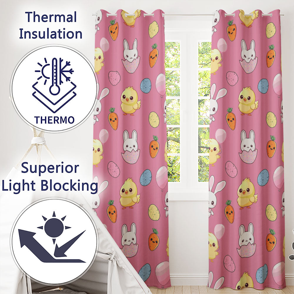 Cute Easter Bunny Chick Eggs Carrot Cute Seamless Pattern Pink Background Readymade Eyelet Ring Top Thermal 100% Blackout Curtains