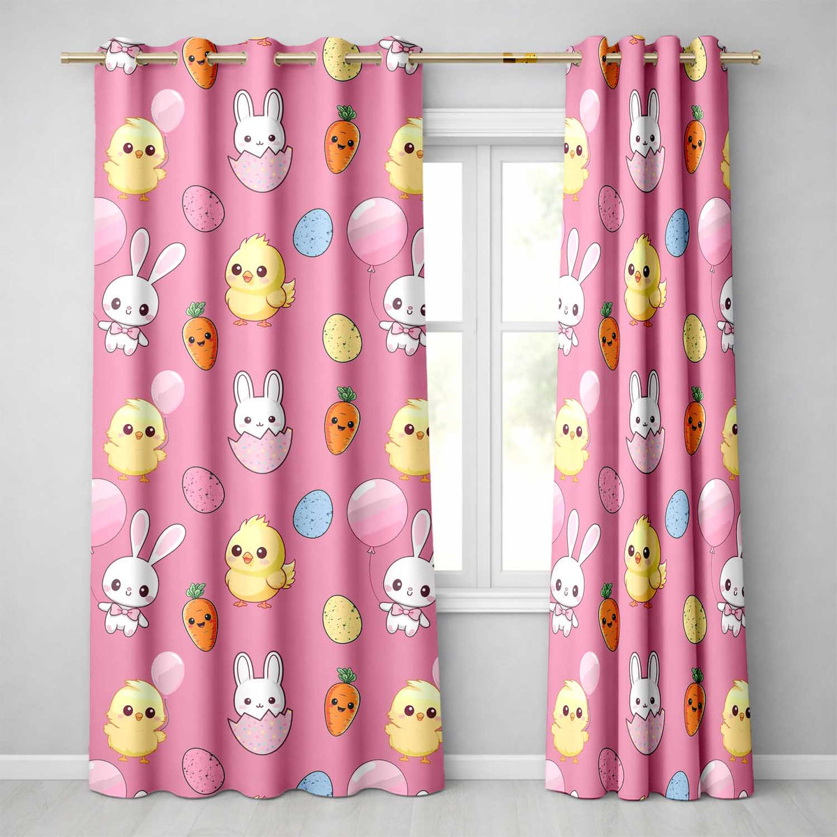 Cute Easter Bunny Chick Eggs Carrot Cute Seamless Pattern Pink Background Readymade Eyelet Ring Top Thermal 100% Blackout Curtains