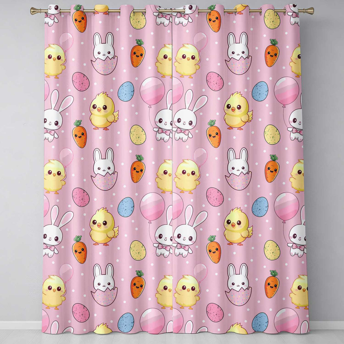 Cute Easter Bunny Chick Carrots Eggs Polka Dot Pattern Rose Pink Background Readymade Eyelet Ring Top Thermal 100% Blackout Curtains