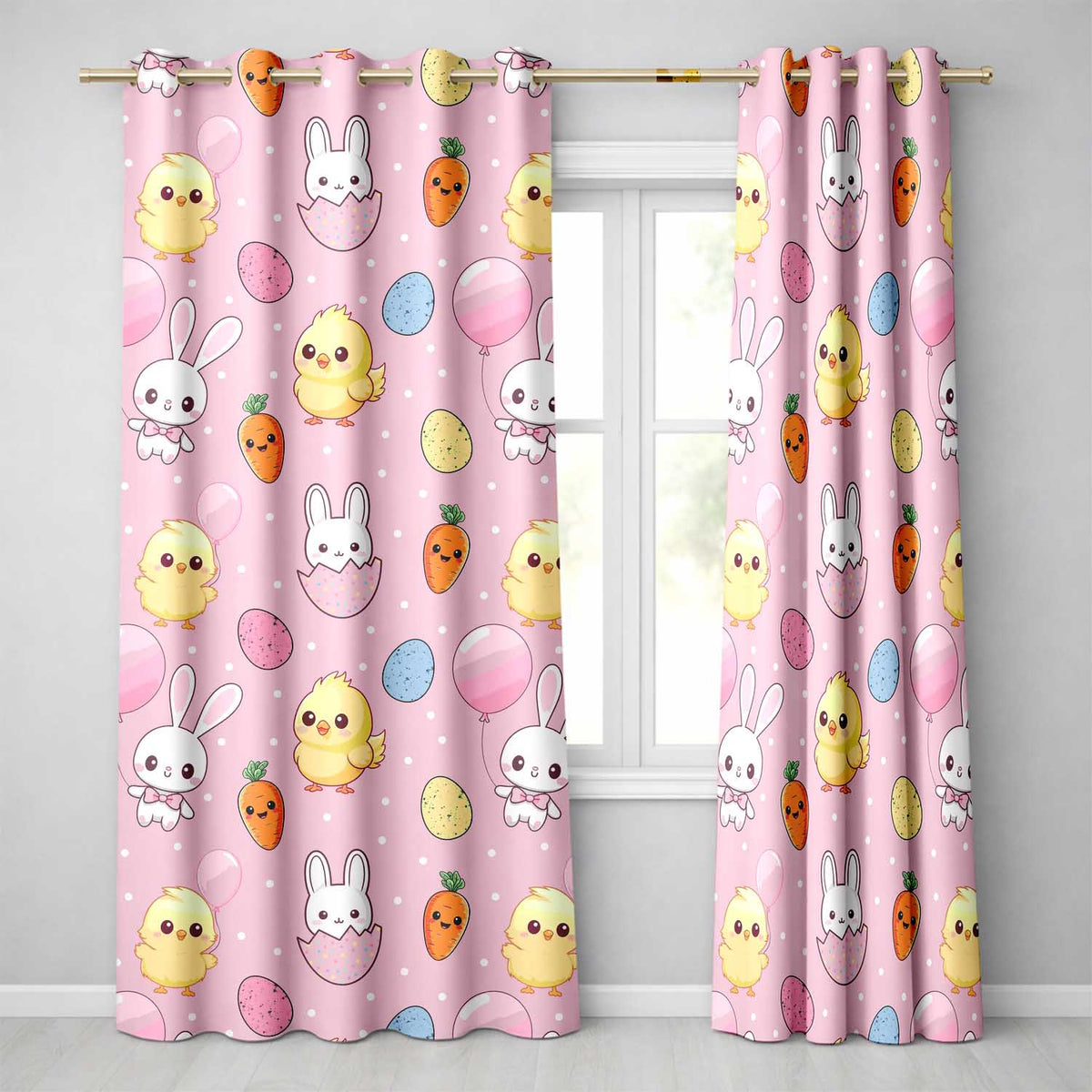 Cute Easter Bunny Chick Carrots Eggs Polka Dot Pattern Rose Pink Background Readymade Eyelet Ring Top Thermal 100% Blackout Curtains