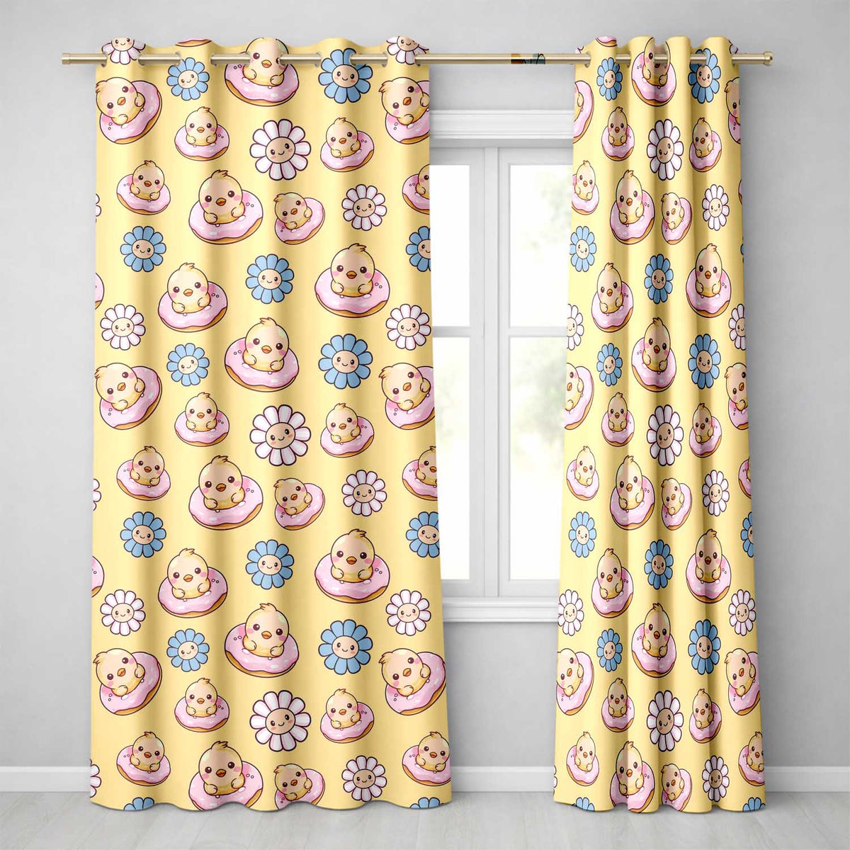 Cute Baby Chick Donut Flowers Seamless Pattern Pastel Yellow Background Readymade Eyelet Ring Top Thermal 100% Blackout Curtains