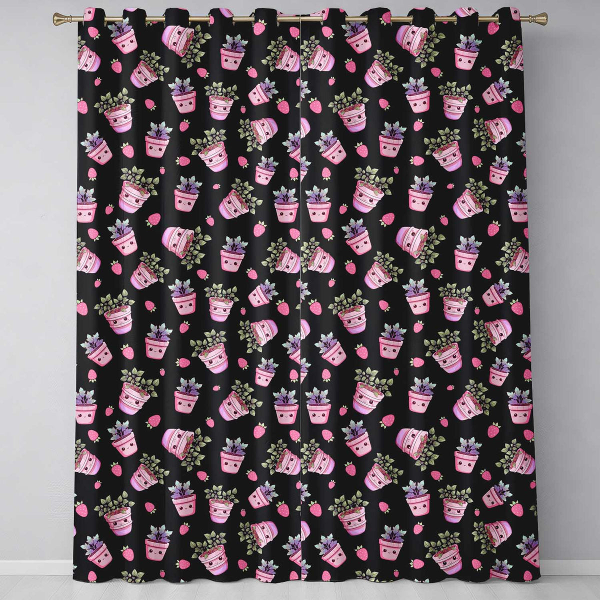 Cute Pink Plant Pots Leaves Strawberry Seamless Pattern Dark Background Readymade Eyelet Ring Top Thermal 100% Blackout Curtains