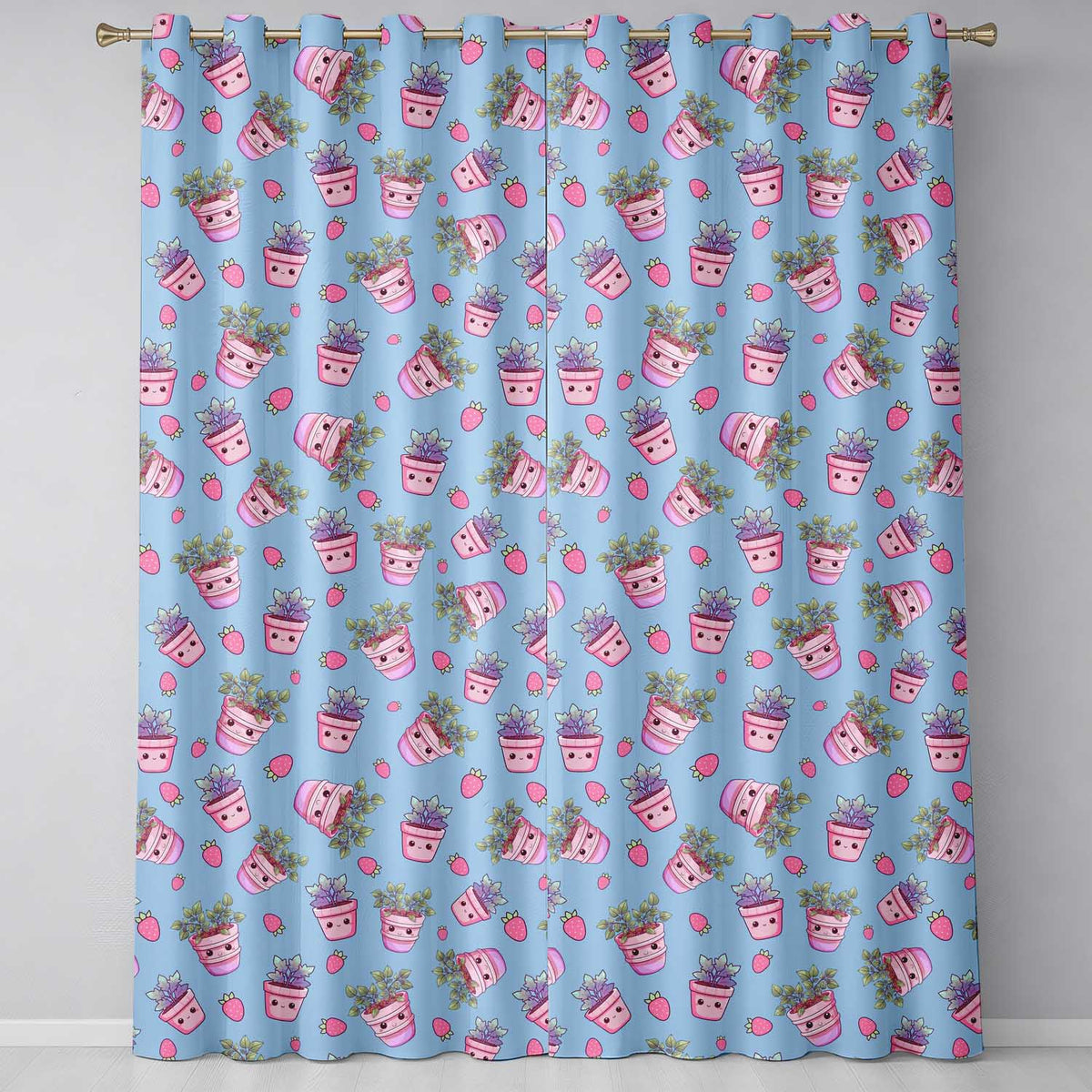 Cute Pink Plant Pots Leaves Strawberry Seamless Pattern Sky Blue Background Readymade Eyelet Ring Top Thermal 100% Blackout Curtains