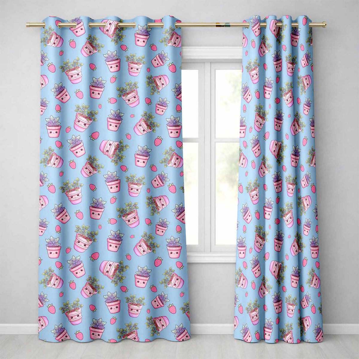 Cute Pink Plant Pots Leaves Strawberry Seamless Pattern Sky Blue Background Readymade Eyelet Ring Top Thermal 100% Blackout Curtains