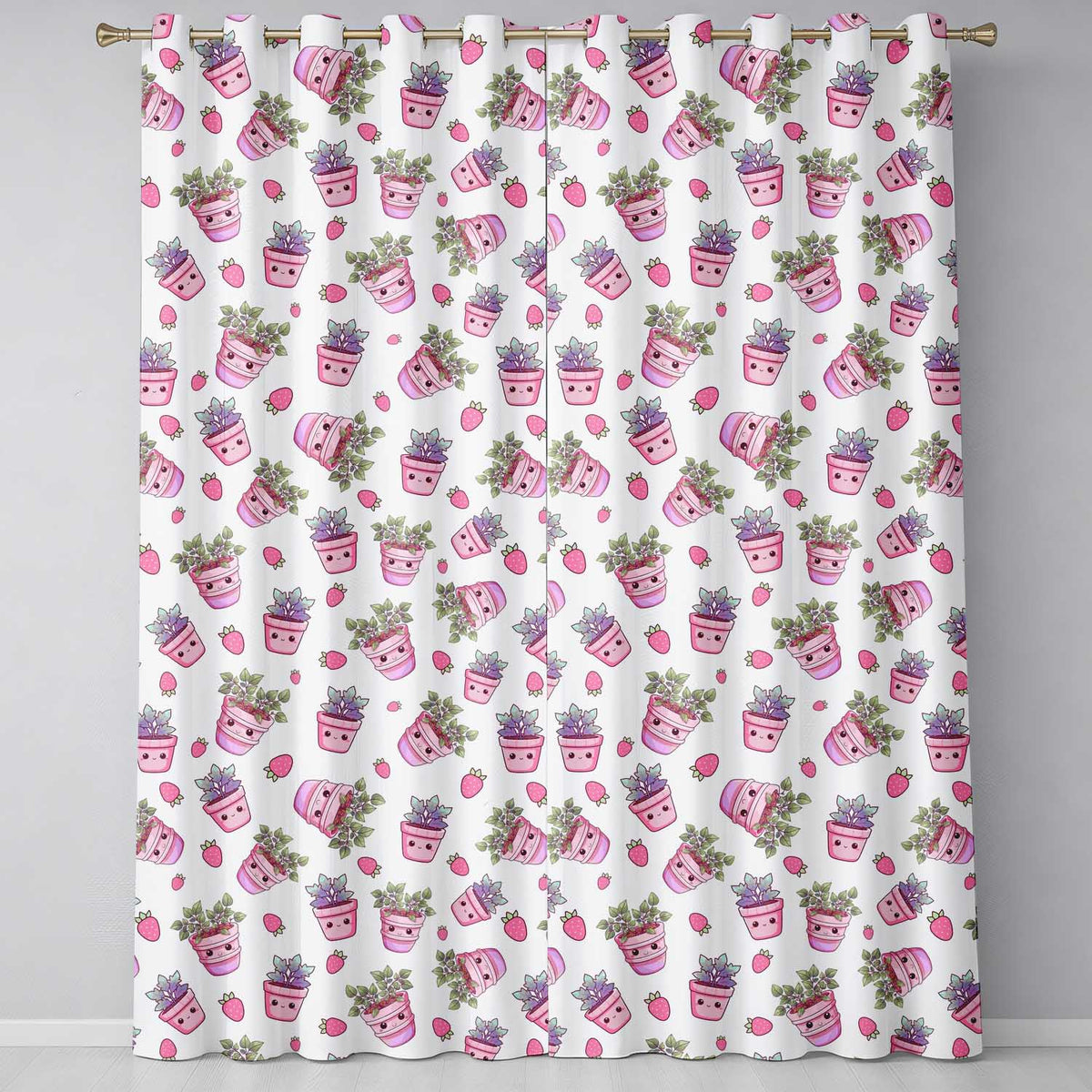 Cute Pink Plant Pots Leaves Strawberry Seamless Pattern Cream Background Readymade Eyelet Ring Top Thermal 100% Blackout Curtains