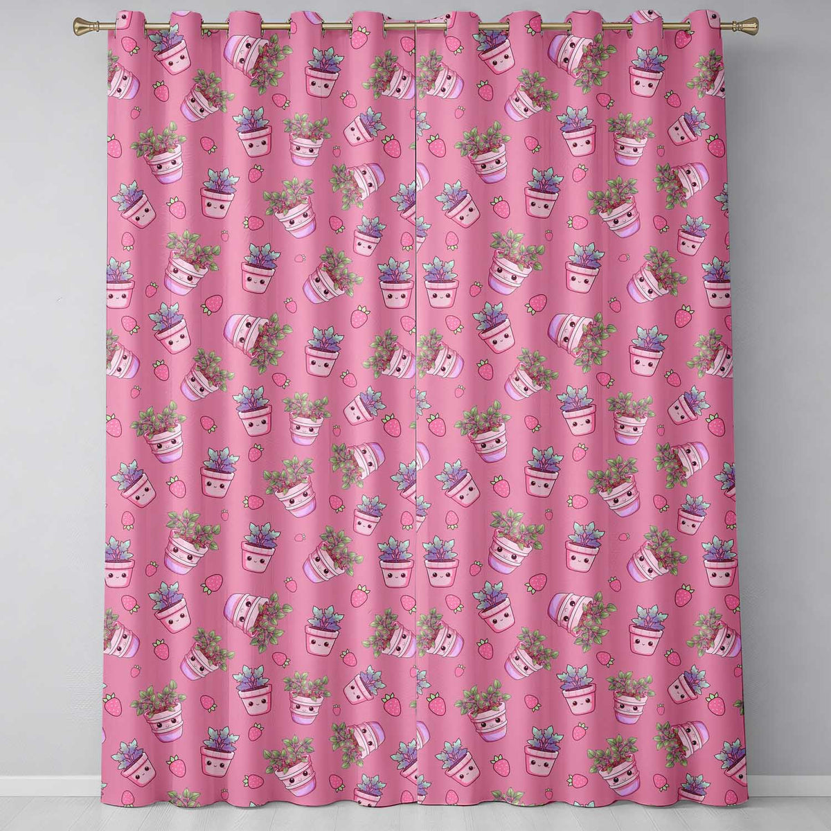 Cute Pink Plant Pots Leaves Strawberry Seamless Pattern Rose Background Readymade Eyelet Ring Top Thermal 100% Blackout Curtains