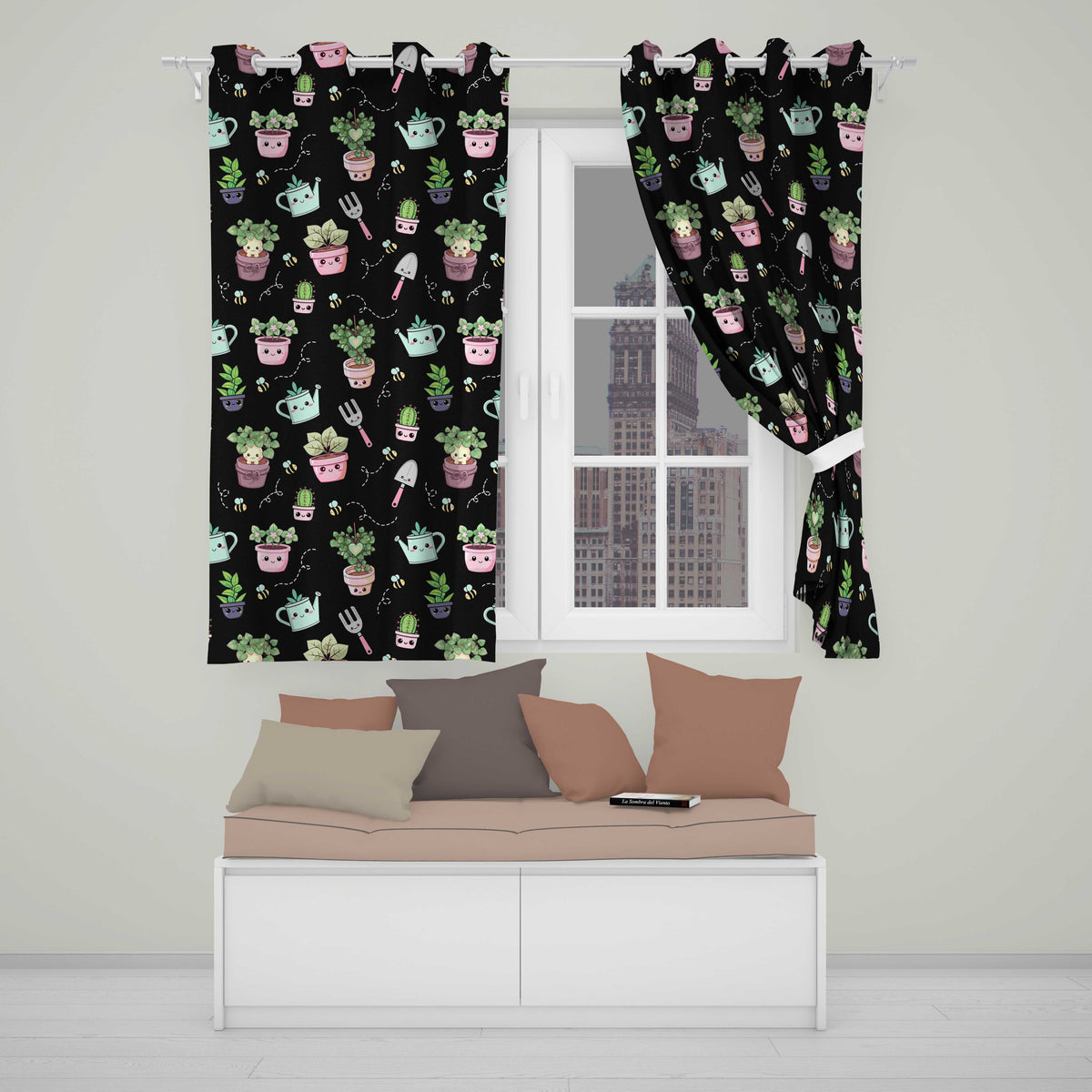 Cute Kawaii Garden Tools Plants Bees Seamless Pattern Black Background Readymade Eyelet Ring Top Thermal 100% Blackout Curtains