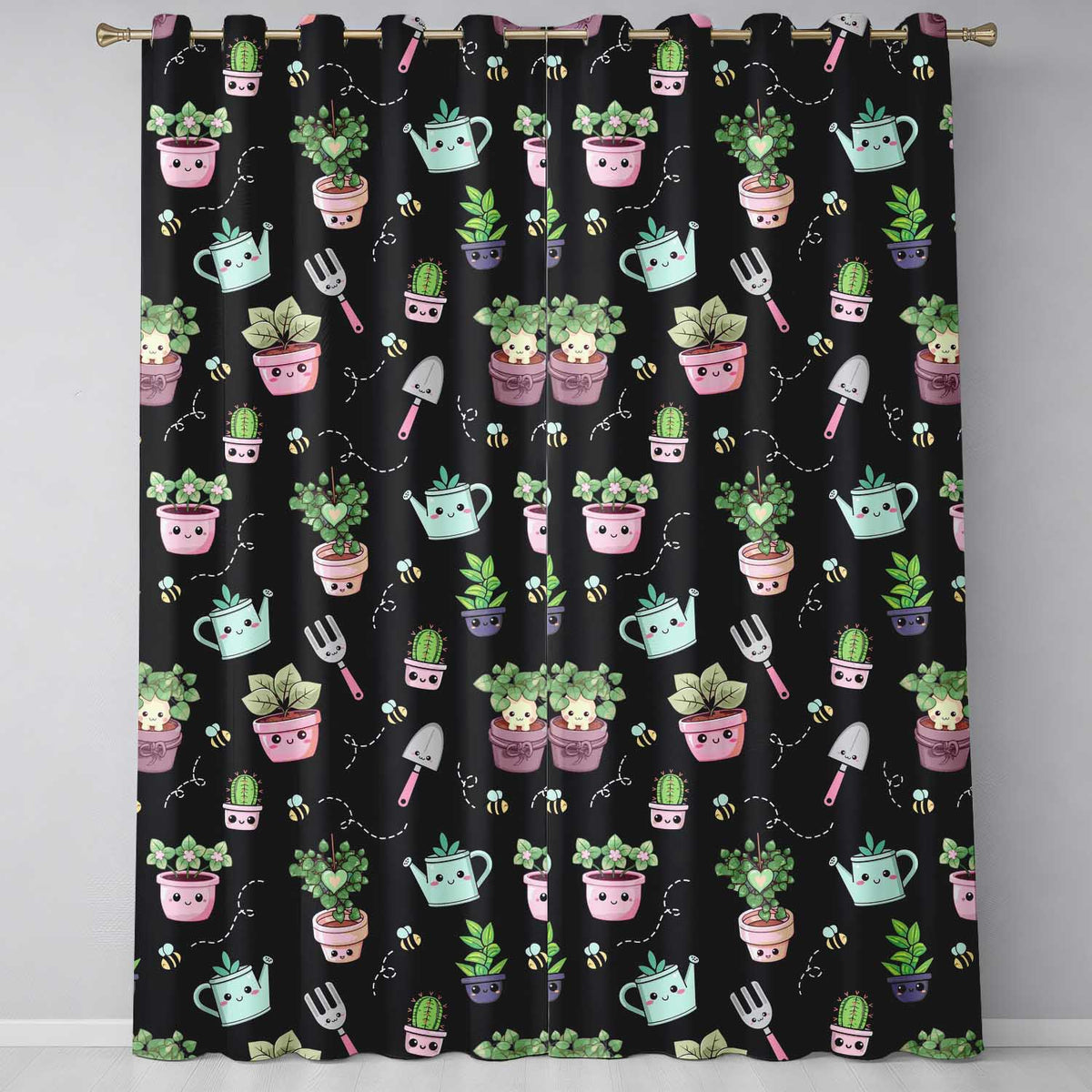 Cute Kawaii Garden Tools Plants Bees Seamless Pattern Black Background Readymade Eyelet Ring Top Thermal 100% Blackout Curtains
