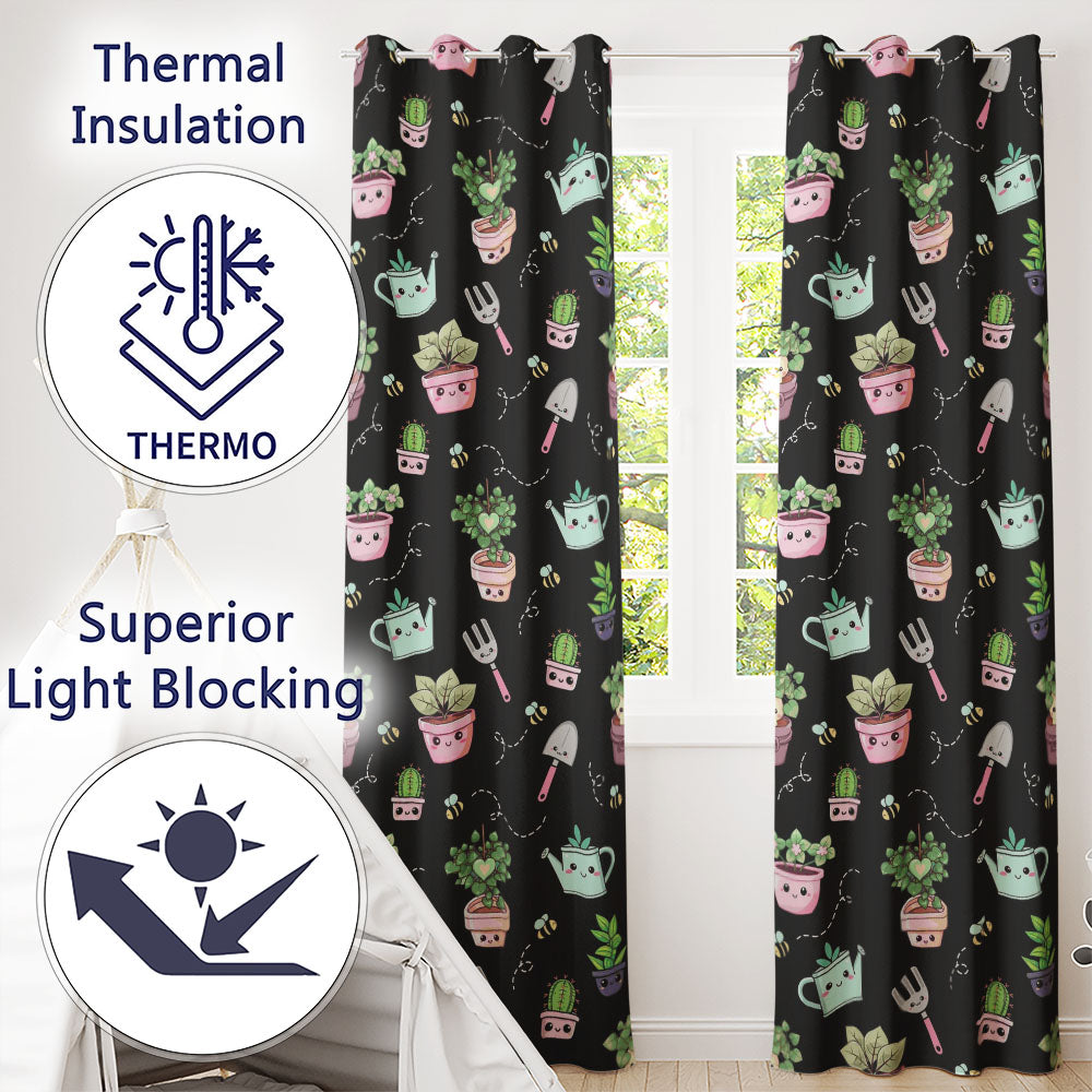 Cute Kawaii Garden Tools Plants Bees Seamless Pattern Black Background Readymade Eyelet Ring Top Thermal 100% Blackout Curtains