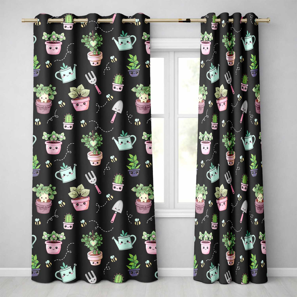 Cute Kawaii Garden Tools Plants Bees Seamless Pattern Black Background Readymade Eyelet Ring Top Thermal 100% Blackout Curtains
