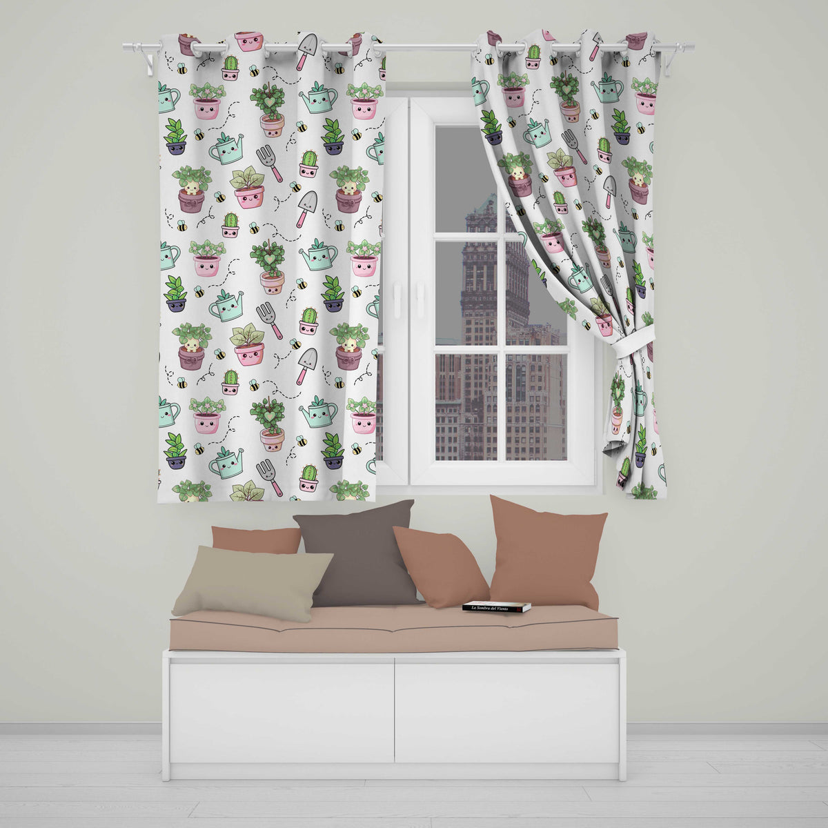 Cute Kawaii Garden Tools Plants Bees Seamless Pattern Cream Background Readymade Eyelet Ring Top Thermal 100% Blackout Curtains