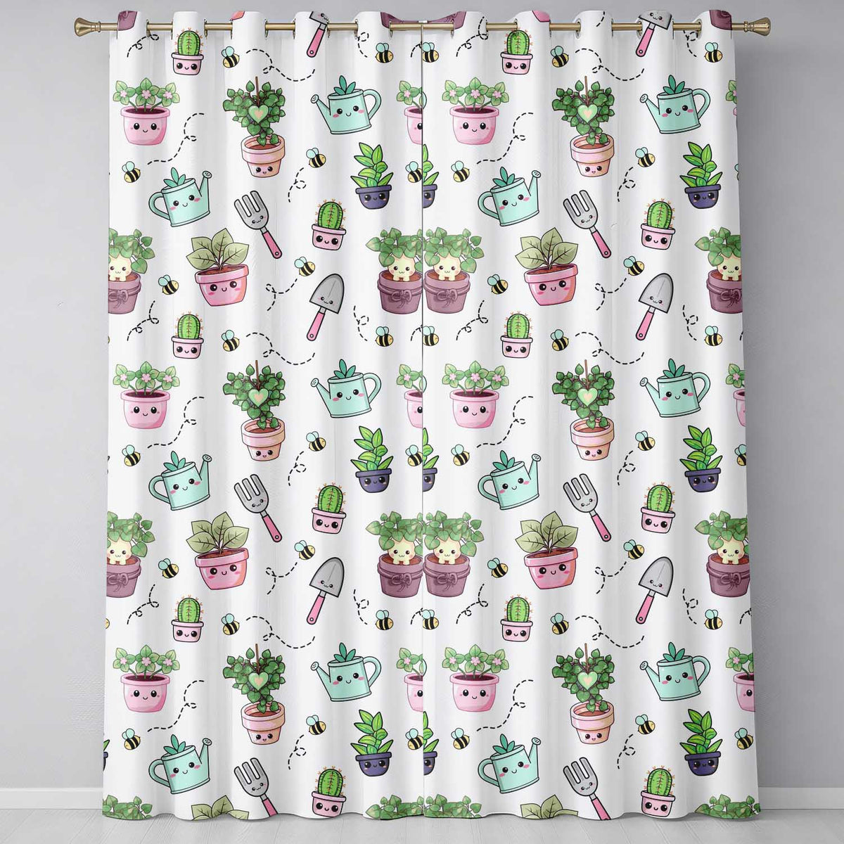 Cute Kawaii Garden Tools Plants Bees Seamless Pattern Cream Background Readymade Eyelet Ring Top Thermal 100% Blackout Curtains